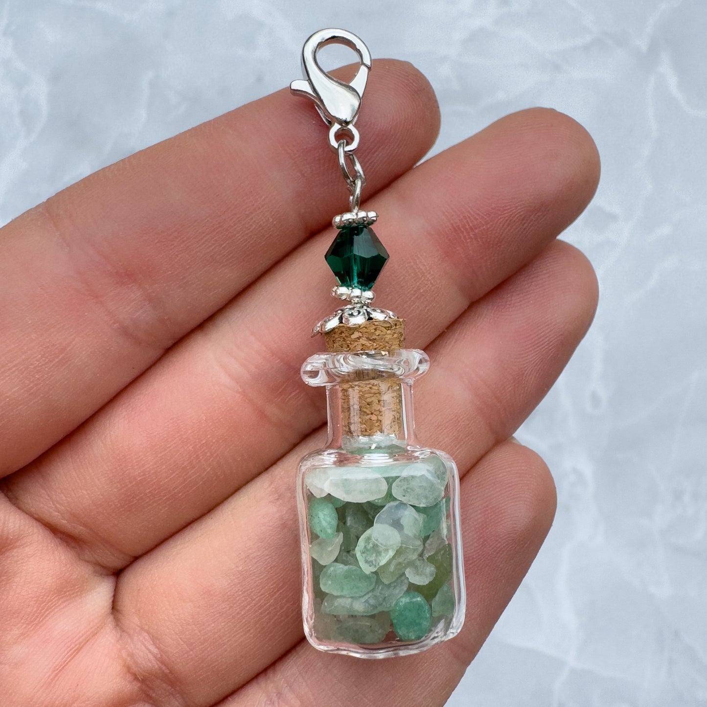 Glass Bottle Keyring Charm With Green Aventurine